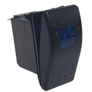 Black 5-pin rocker switch with a blue lighted upper indicator and lower light.
