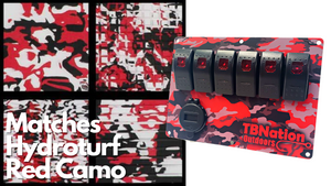 TBNation 6-gang rocker switch panel in red camo hydro-dipped aluminum with red LED switches and USB port.