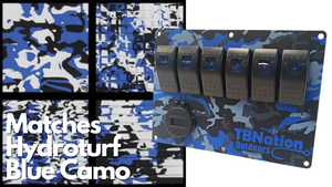 TBNation 6-gang rocker switch panel in blue camouflage hydro-dipped aluminum, with logo and power outlet.