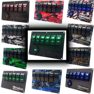 Assorted TBNation 6-gang rocker switch panels in carbon fiber, red, green, blue, and brown camo designs.
