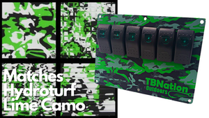 TBNation 6-gang rocker switch panel in green lime camo hydro-dipped aluminum with black switches.