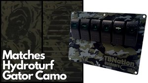 TBNation 6-gang rocker switch panel in Gator Camo hydro-dipped aluminum with green LED switches.