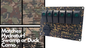 TBNation 6-gang rocker switch panel in swamp camo, featuring six black switches with green LEDs and a 12V outlet.