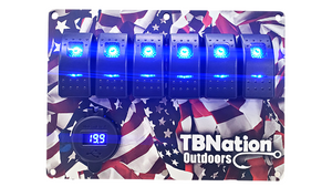 TBNation 6-gang rocker switch panel with American flag hydro-dipped aluminum plate and blue LED switches.