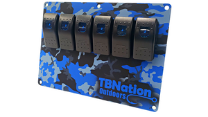 TBNation 6-gang rocker switch panel with blue camo hydro-dipped aluminum plate and blue LED switches.