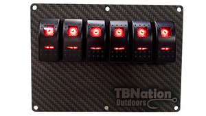 TBNation 6-gang carbon fiber hydro-dipped aluminum switch panel with six red illuminated rocker switches.