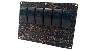 TBNation 6-gang rocker switch panel with a hydro-dipped camouflage aluminum plate and green LED switches.