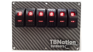 TBNation 6-gang rocker switch panel with carbon fiber hydro-dipped aluminum plate and red LED switches.