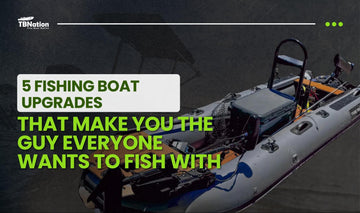 Top 5 fishing boat upgrades including double graph mount, rod holder, retractable tie-downs, cup holder, and corner caddy to improve comfort, safety, and efficiency on the water.