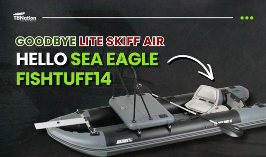 Graphic announcing the switch from the Lite Skiff Air to the Sea Eagle FishTuff14, featuring a gray inflatable fishing boat with a raised seat and an arrow pointing toward it.