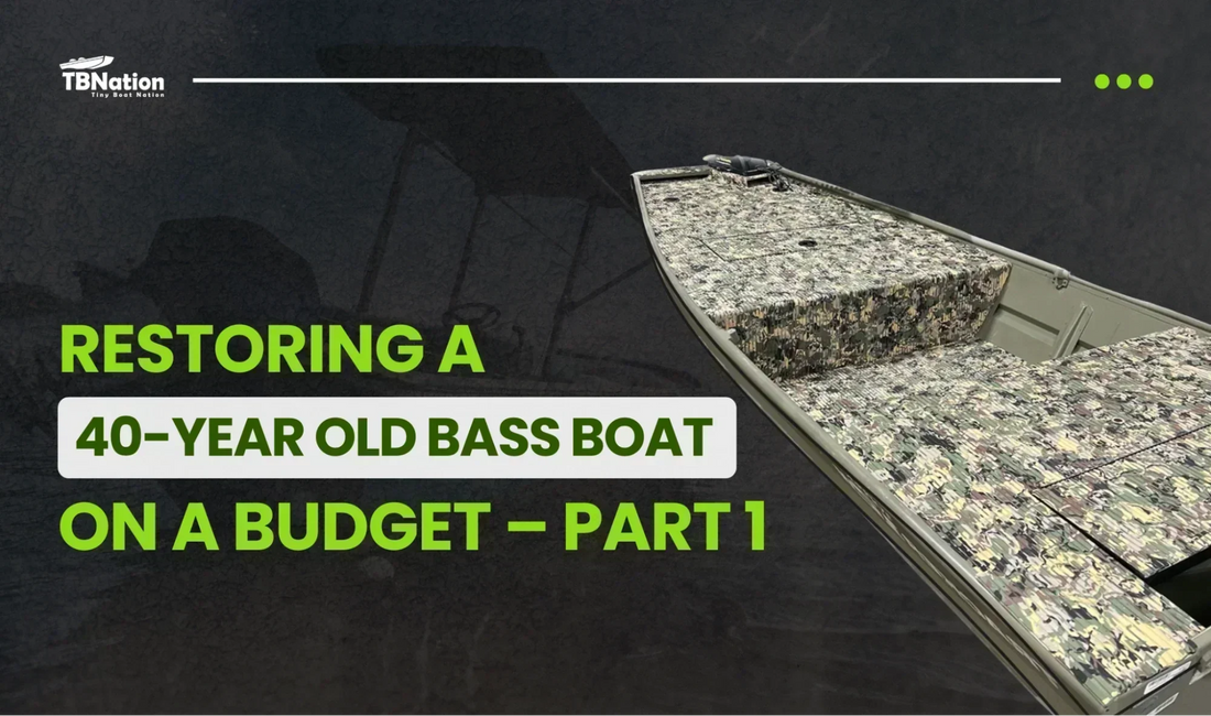 A 40-year-old bass boat undergoing restoration on a budget, showing worn surfaces and repair tools ready for refurbishment.