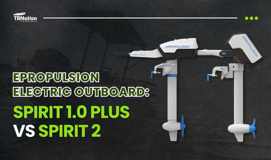 Graphic comparing the ePropulsion Spirit 1.0 Plus vs Spirit 2 electric outboard boat motors by TBNation.