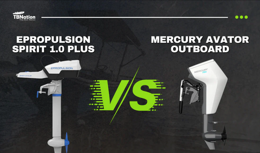 An image comparing two outboard motors: the EPropulsion Spirit 1.0 Plus on the left and the Mercury Avator Outboard on the right. The text 'EPROPULSION SPIRIT 1.0 PLUS vs MERCURY AVATOR OUTBOARD