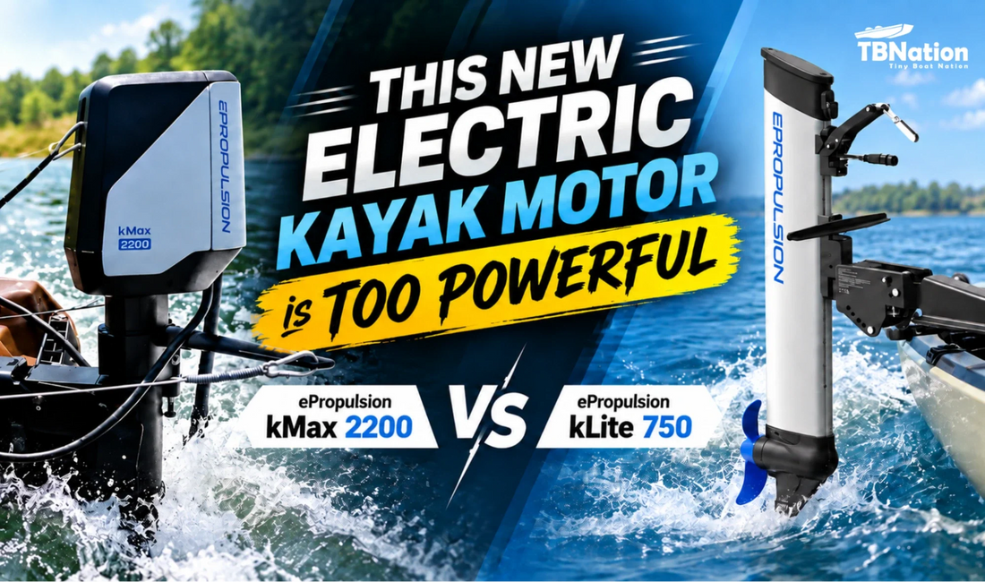 Comparison graphic featuring the ePropulsion kMax 2200 and ePropulsion kLite 750 electric kayak motors on the water.