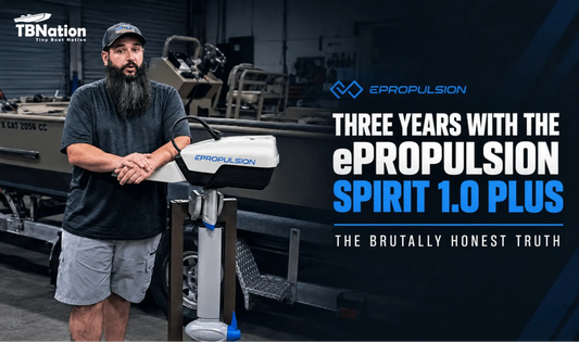 Three years of experience with the ePropulsion Spirit 1.0 Plus electric outboard motor showcased in a scenic marine setting.