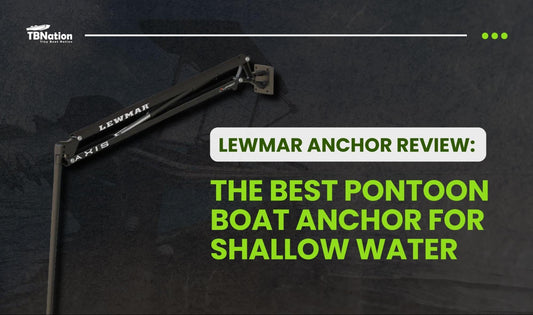 A pontoon boat anchored securely in shallow water using a Lewmar anchor, with calm conditions and clear skies, illustrating effective anchoring performance near the shoreline.