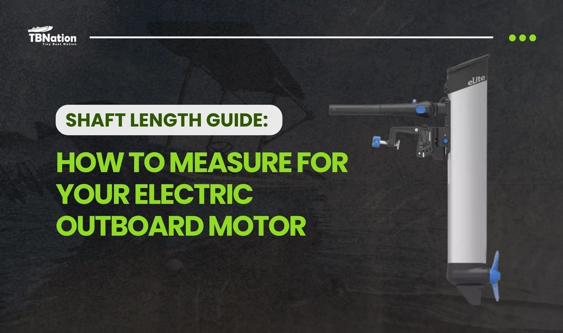 TBNation guide graphic showing an electric outboard motor with text explaining how to measure shaft length for electric boat motors, fishing boats, and tiny boats.