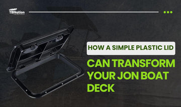 Overhead view of a professionally modified jon boat deck featuring integrated plastic lids used as functional hatch covers, illustrating an innovative and cost-effective DIY upgrade.