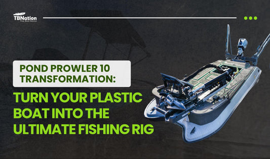 A customized Pond Prowler 10 fishing boat with aluminum framing, mounted trolling motor, rod lockers, and foam decking, docked by the water and fully rigged for angling.