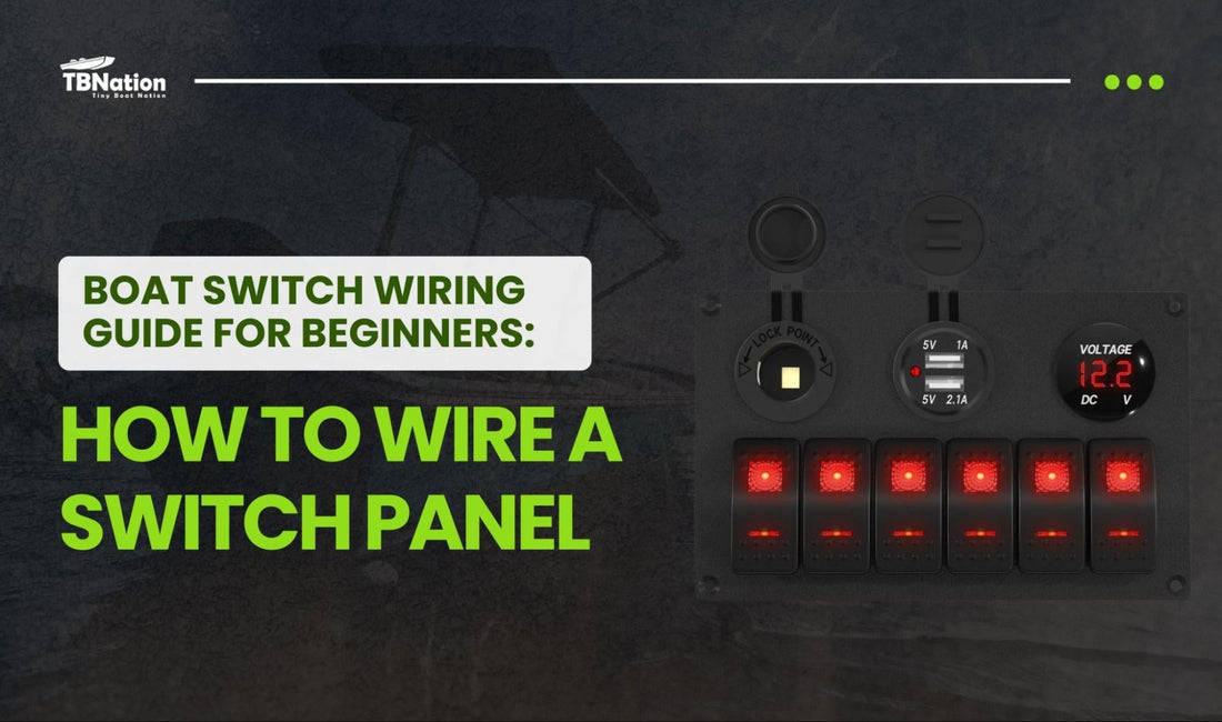 Step-by-step guide illustration showing how to wire a boat switch panel with labeled connections for power, ground, and marine devices.