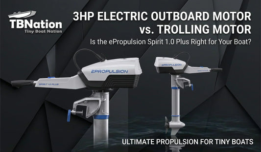 TBNation blog thumbnail comparing a 3HP electric outboard motor vs a trolling motor featuring the ePropulsion Spirit 1.0 Plus.