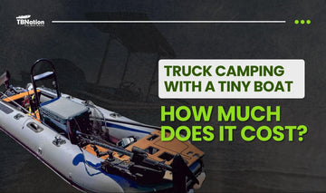 Truck camping setup with a Tiny Boat by a serene lake, illustrating an affordable outdoor adventure and off-grid lifestyle.