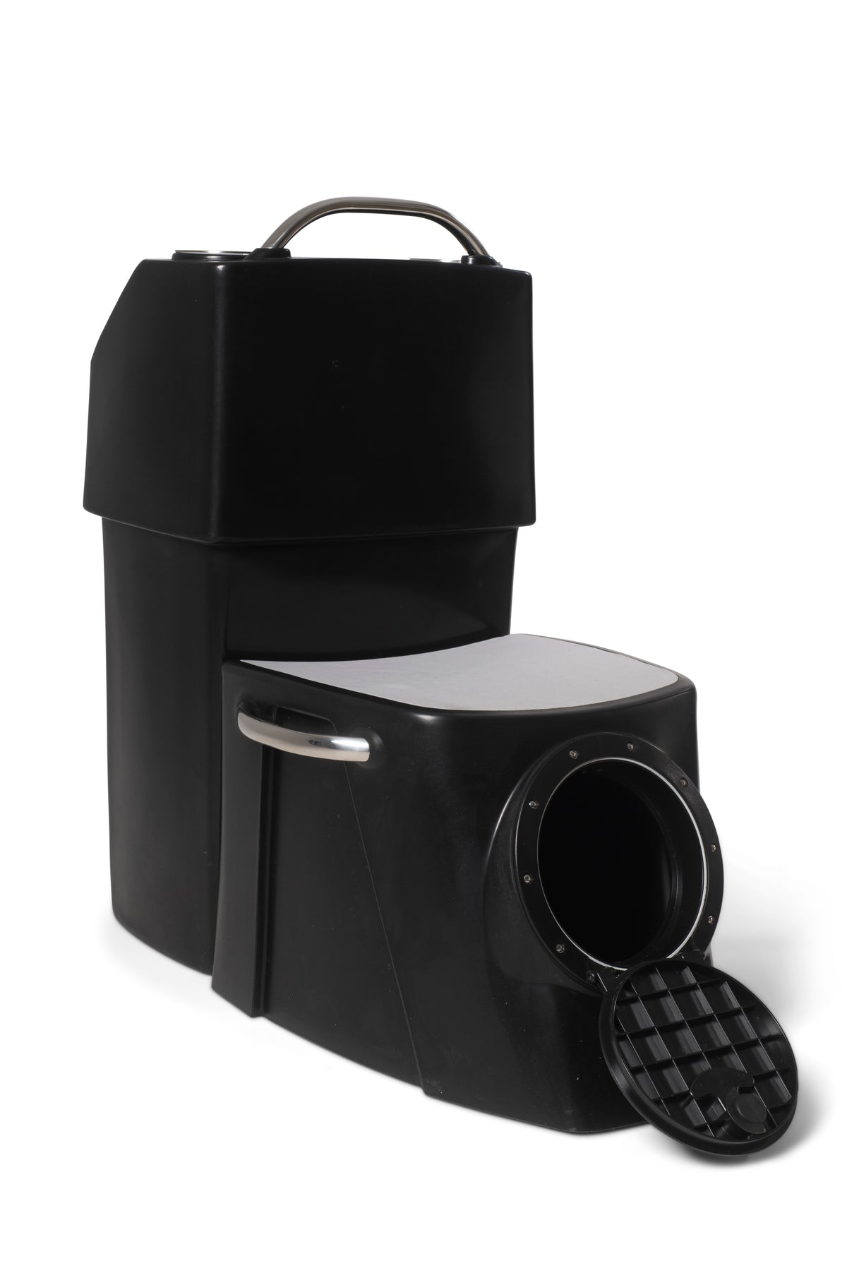 Black RPD 1019 rotationally molded polyethylene center console for Jon boat with stainless steel grab handle.