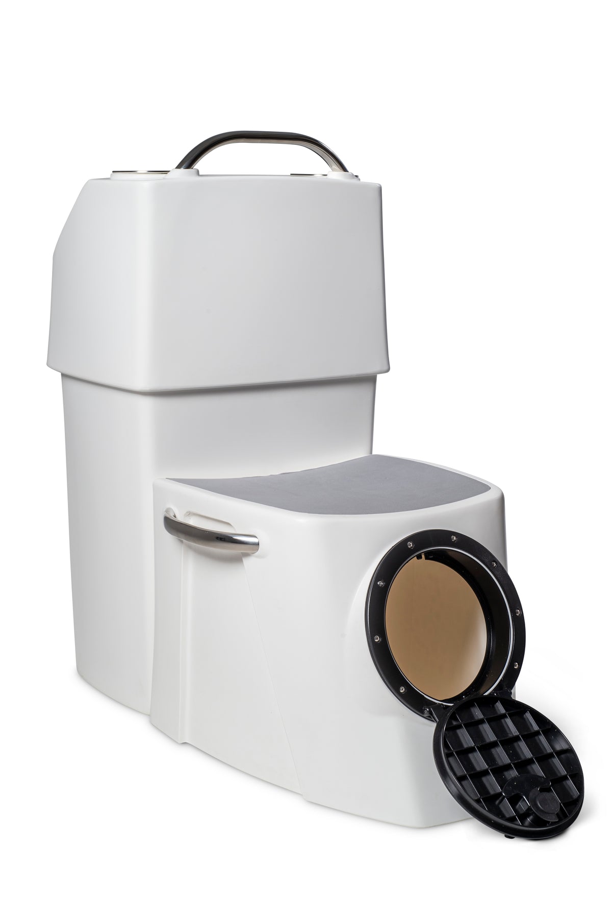 Black RPD 1019 rotationally molded polyethylene center console for Jon boat with stainless steel grab handle.