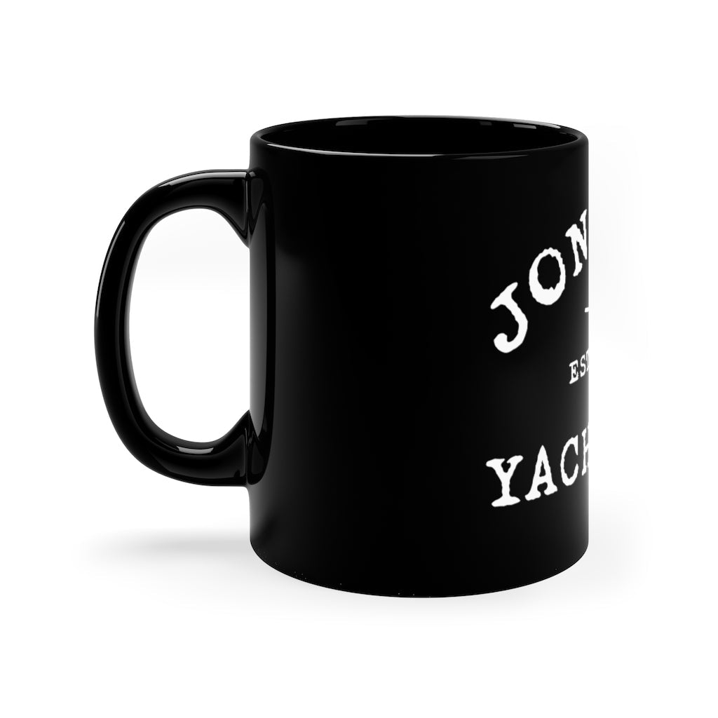 11oz black ceramic mug with a C-handle and white "JONES YACHT" text on the side.