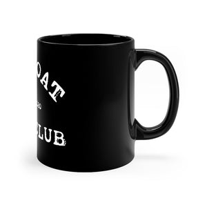 11oz black ceramic mug with a C-handle, featuring a white "GOAT CLUB" design.