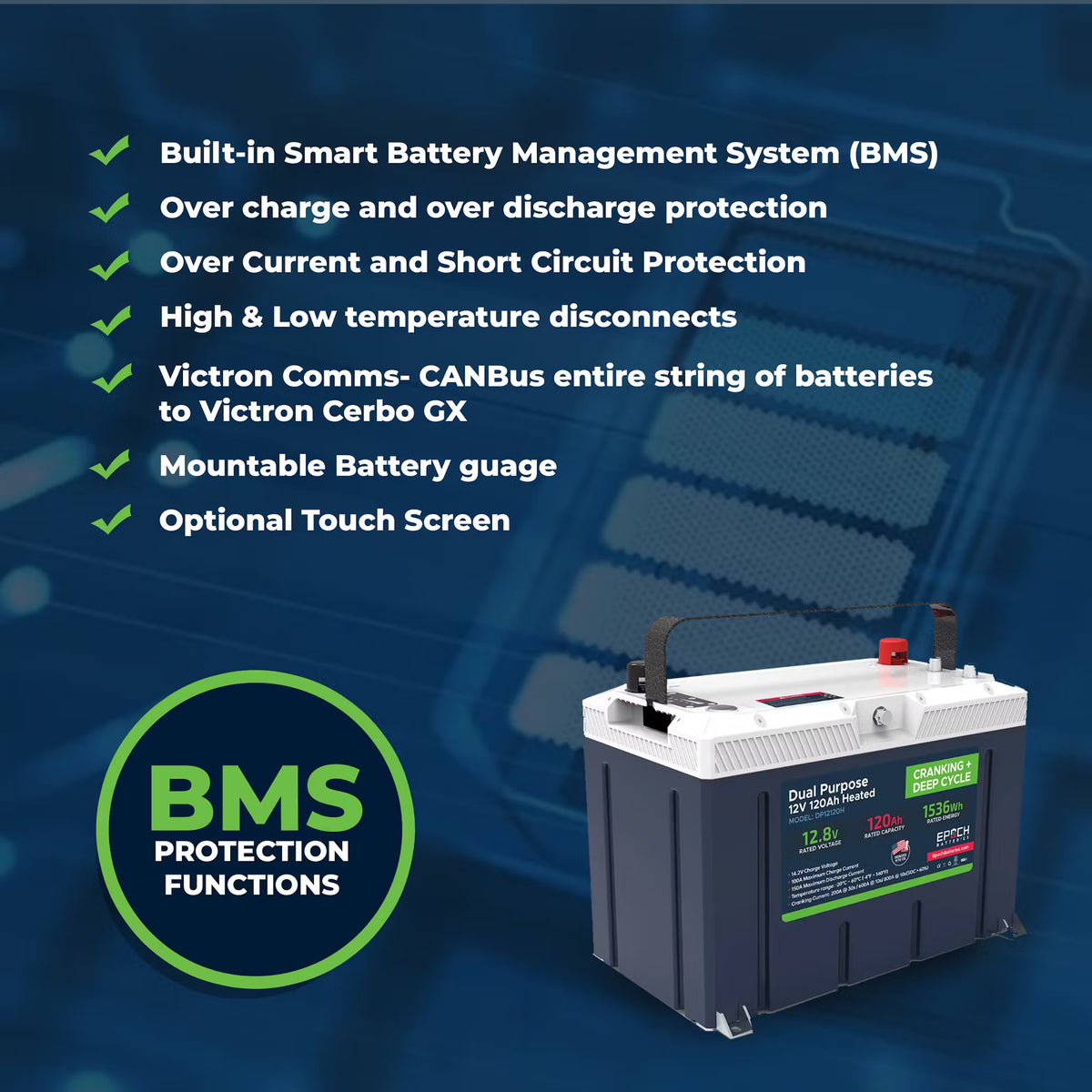 Dark gray and white EPOCH 12V 120AH LiFePO4 dual-purpose battery with red and black terminals.