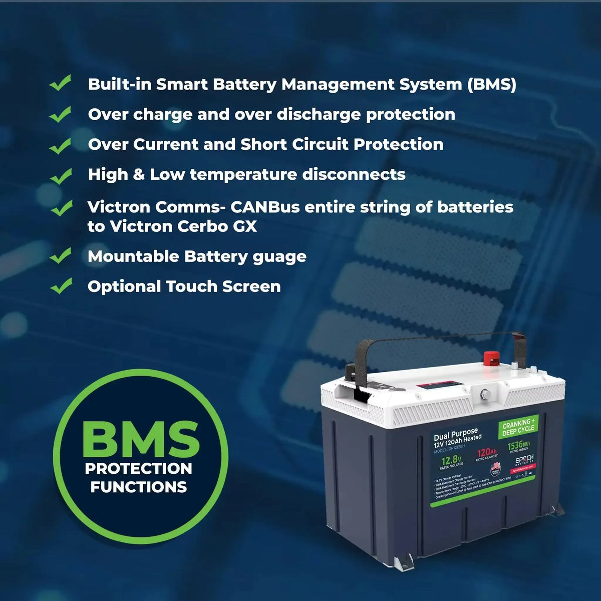 Dark gray and white EPOCH 12V 120AH LiFePO4 dual-purpose battery with red and black terminals.