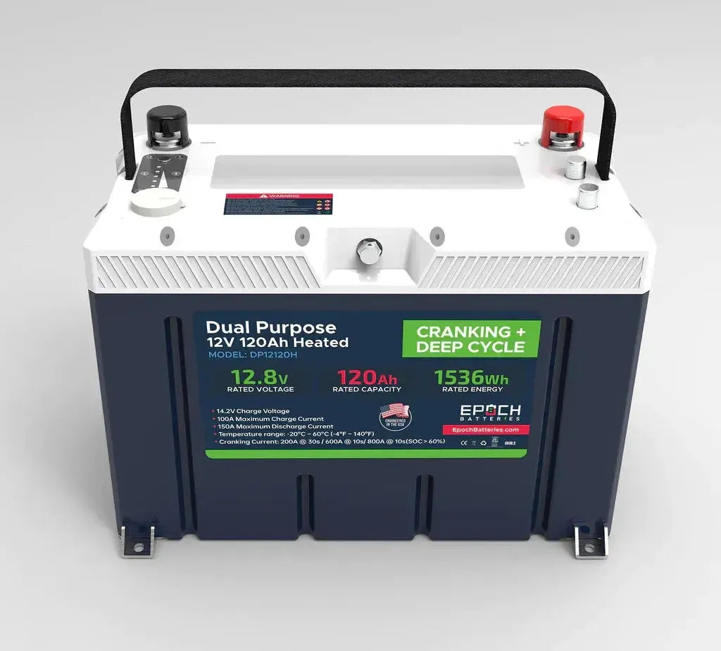Epoch 12V 120Ah LiFePO4 dual-purpose battery, navy blue and white, with black terminals and handle.