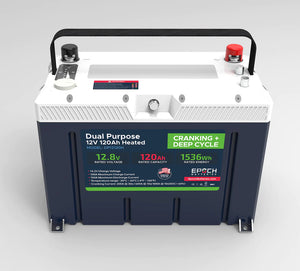Epoch 12V 120Ah LiFePO4 dual-purpose battery, navy blue and white, with black terminals and handle.