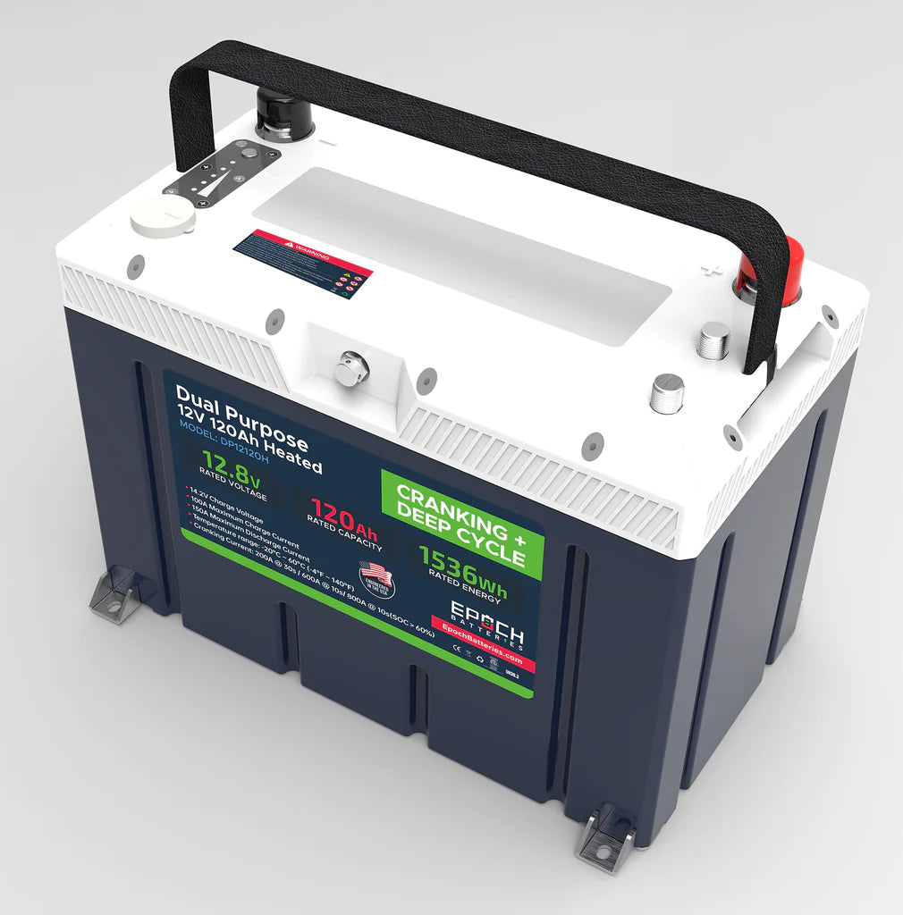 Epoch 12V 120Ah LiFePO4 dual-purpose battery, navy blue and white, with black terminals and handle.