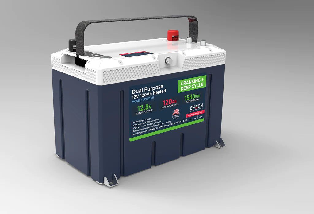 Dark blue and white EPOCH 12V 120Ah LiFePO4 dual purpose battery with a black handle.