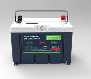 Blue and white EPOCH 12V 120Ah LiFePO4 dual-purpose battery with black handle and red/black terminals.