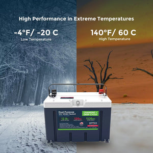 Blue and white EPOCH 12V 120AH LiFePO4 battery with handle, designed for extreme temperatures.