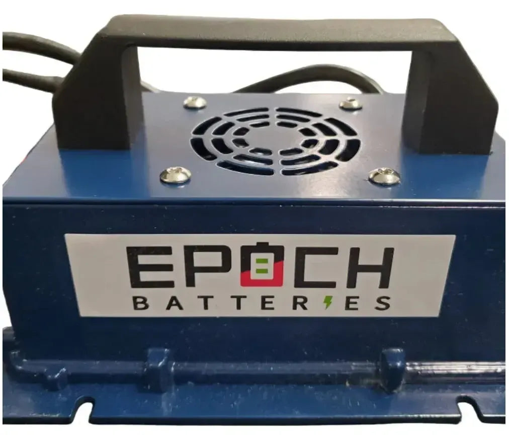 Blue Epoch Batteries 12V 15A LiFePO4 charger with black handle, fan, and aluminum alloy casing.