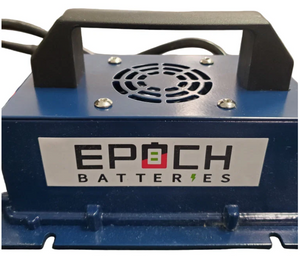 Blue Epoch Batteries 12V 15A LiFePO4 charger with black handle, fan, and aluminum alloy casing.