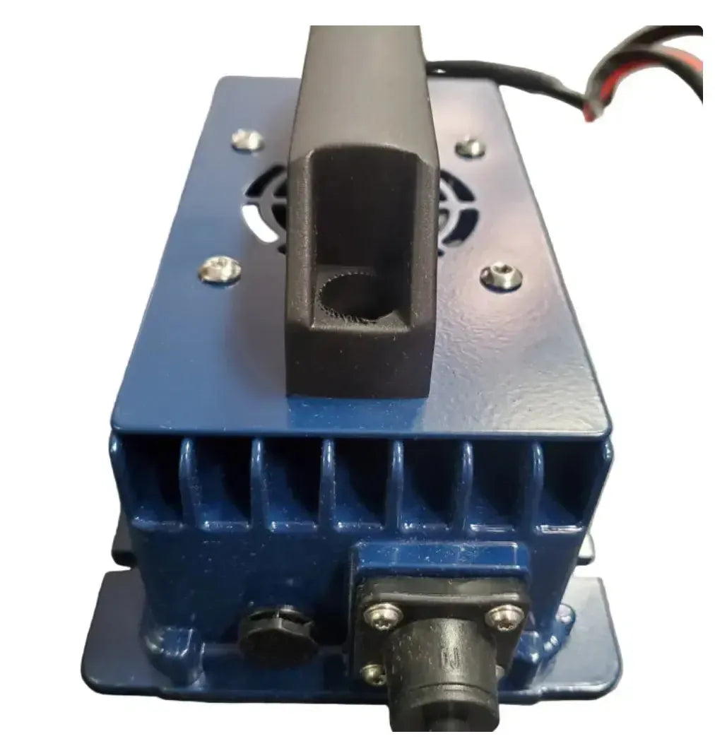 Blue 12V 15A LiFePO4 battery charger with black handle, aluminum heatsink, and ring terminals.