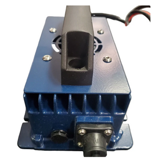 Blue 12V 15A LiFePO4 battery charger with black handle, aluminum heatsink, and ring terminals.