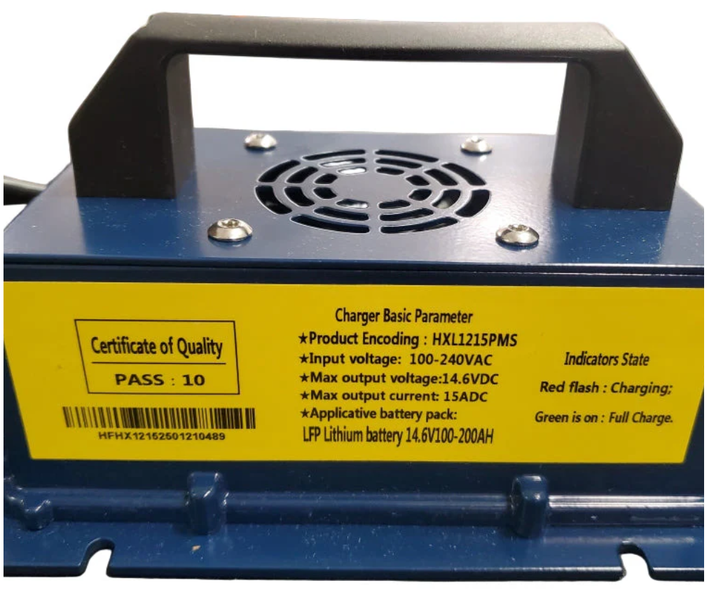 Blue 12V 15A LiFePO4 battery charger with black handle, fan, and yellow label detailing specifications.