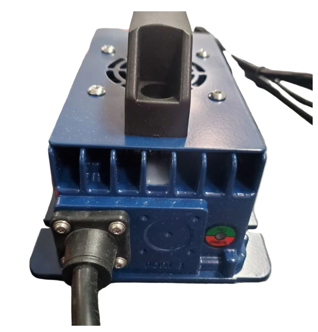 Blue 12V 15A LiFePO4 battery charger with black handle, aluminum alloy heatsink, and power cord.