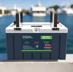 Dark gray and white 12V 300Ah Epoch Pro LiFePO4 battery with red and black terminals.