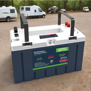 Gray and white 12V 300Ah Epoch Pro LiFePO4 dual-purpose battery with handles, in an RV park.