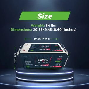White and black EPOCH ESSENTIAL SERIES 12.8V 460Ah LiFePO4 lithium battery with dimensions 20.55x9.45x8.60 inches.