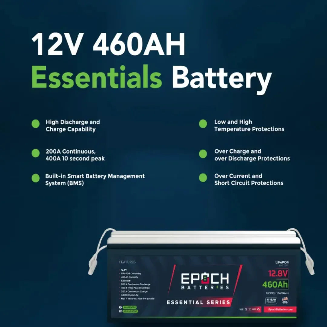 Black Epoch 12V 460Ah LiFePO4 lithium battery with white handles, showing key features and specifications.