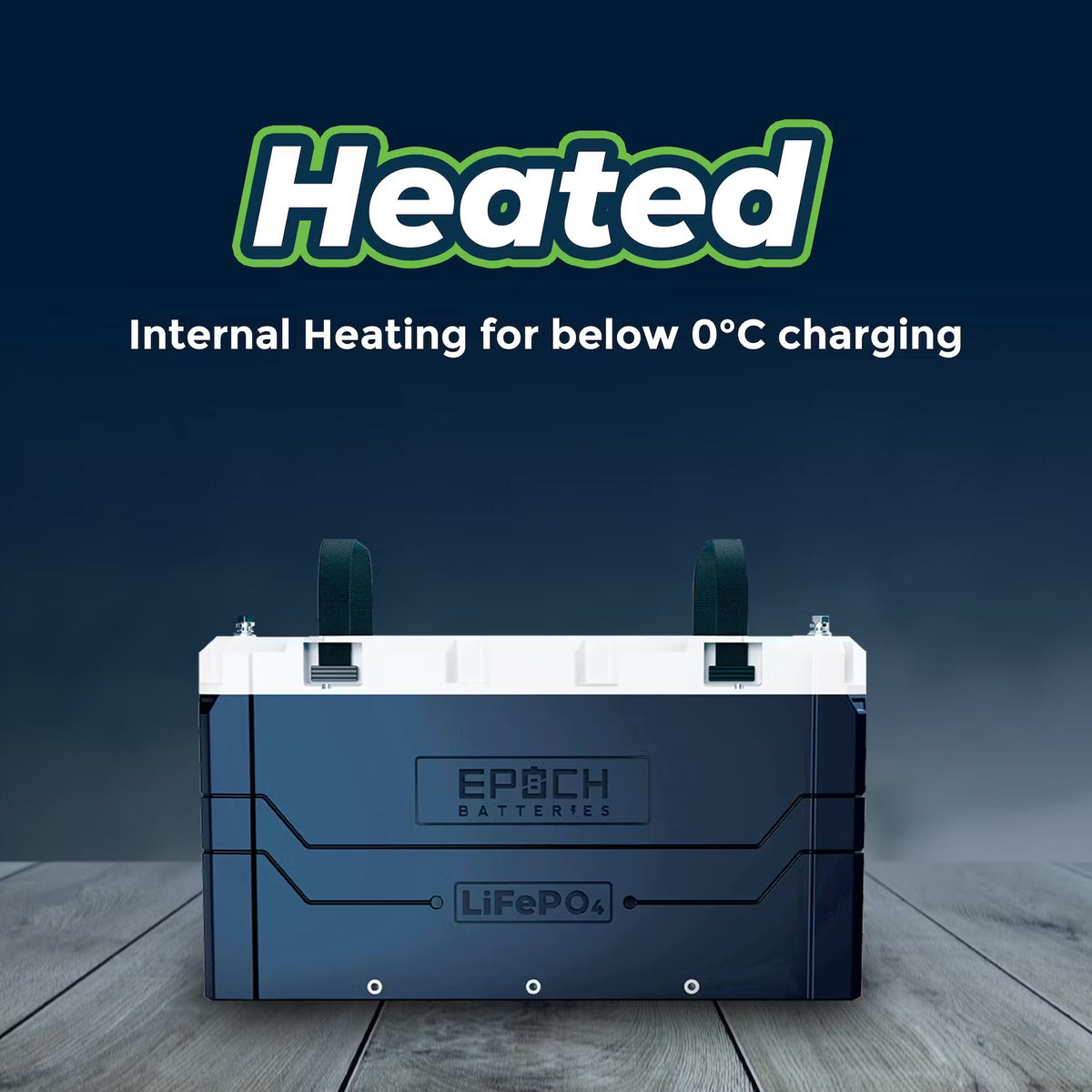 Dark blue EPOCH LiFePO4 battery with white top, black handles, and "Heated" text for below 0°C charging.