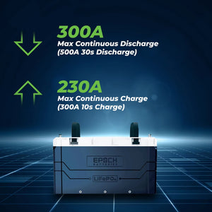 Black and white EPOCH LiFePO4 battery with 300A discharge and 230A charge ratings.